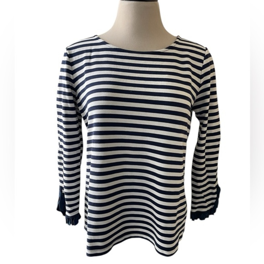ANN TAYLOR Navy Blue White Stripe Crewneck Ruffle Preppy Nautical Size Medium